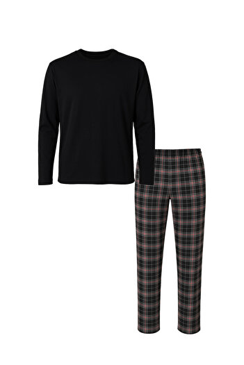 koza iç giyim Men's Cotton Long Sleeve Patched Plaid Patterned Pajama Set