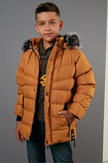 FREE ARSLAN COLLECTİON Faux Fur Plush Lined Detachable Hooded Coat Boys' Coat