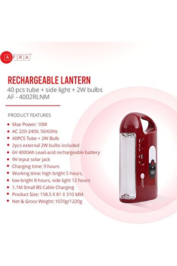 Afra Rechargeable Lantern, 10 Watts, 40pcs Tube + 2w Bulb, Red, Plastic Body with 6v 4000ah Lead-Aci