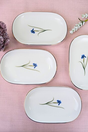 tabakevi Tabak Evi Porcelain Natura Iris Gold Gilded Oval Boat Plate 27,50X17,50X3Cm 4 Pcs