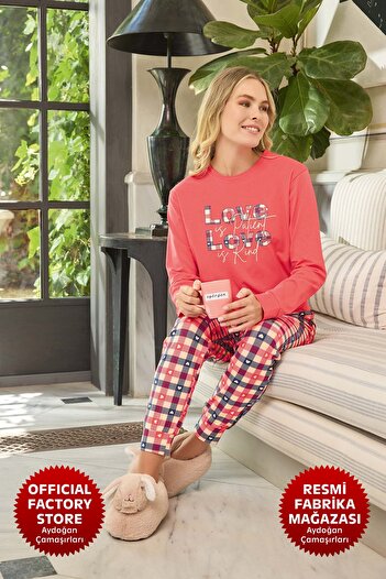 Aydoğan Women's Pink Pajama Set 95% Cotton Long Sleeve Crew Neck