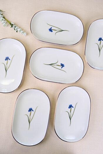 tabakevi Tabak Evi Porcelain Natura Iris Gold Gilded Oval Boat Plate 22,50X14,50X2,50Cm 6 Li