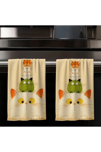 Else Dekor Colorful Cats Patterned Set of 2 Decorative Washable Cotton Kitchen Oven Hand Towels