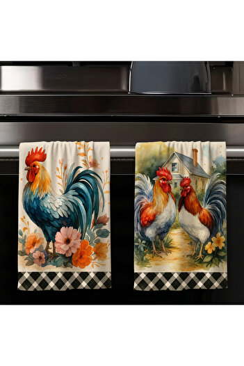 Else Dekor Colorful Rooster Chicken Farm Patterned Set of 2 Decorative Washable Cotton Kitchen Oven Hand Towels