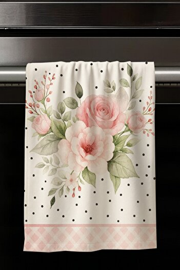 Else Dekor Pink Roses Floral Patterned Set of 2 Decorative Washable Cotton Kitchen Oven Hand Towels