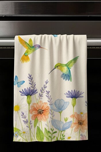 Else Dekor Flowers and Birds Patterned Set of 2 Decorative Washable Cotton Kitchen Oven Hand Towels