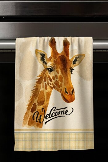 Else Dekor Giraffe Animal Patterned Set of 2 Decorative Washable Cotton Kitchen Oven Hand Towels