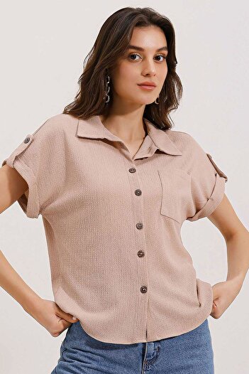 Hiccup Bdart Pocket Detailed Textured Wide Cut Shirt