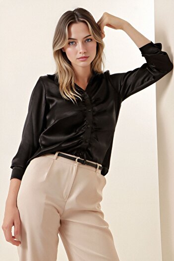 Hiccup Bdart Lined Curved Button Satin Shirt