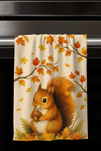Else Dekor Autumn Squirrel Patterned Set of 2 Decorative Washable Cotton Kitchen Oven Hand Towels