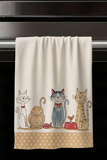 Else Dekor Set of 2 Decorative Washable Cotton Kitchen Oven Hand Towels with Cute Cats Pattern