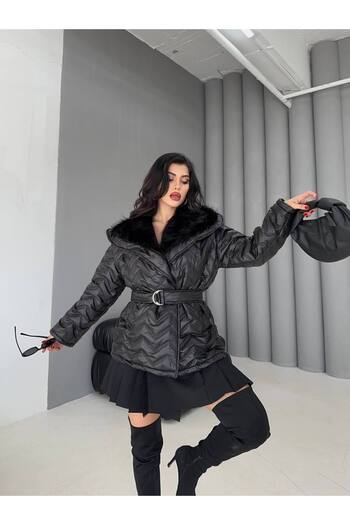 ZF BUTİK Belted Fur-Lined Inflatable Coat