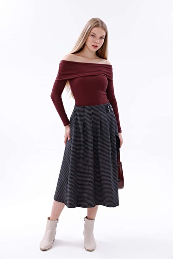 Pulli Collection Μίντι φούστα με καρό σχέδιο σε μπλε ναυτικό με λεπτομέρεια με σχισμή