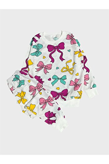 ALİŞ KİDS Girl's Cotton White Ribbon Patterned Long Sleeve Seasonal Pajama Set
