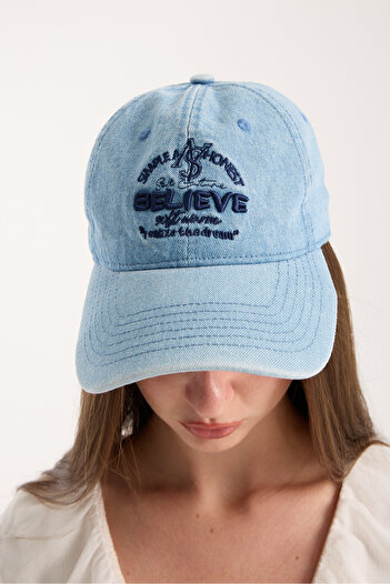OX-RA Unisex Believe Embroidered Denim Distressed Blue Denim Hat
