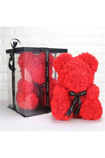 velve Floral teddy bear with foam roses, 30 cm, hand decorated, gift box, Red, Red