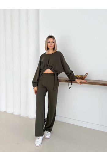 MODAMERSİ Women's Khaki Thessaloniki Fabric Bell-Bottomed Top and Bottom Set
