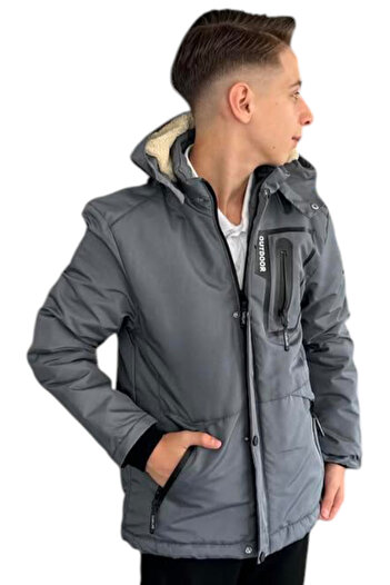 İrem Çocuk Giyim Boy's Outdoor Thin Anthracite Coat with Zipper Pockets, Detachable Hood, and Plush Lining Inside