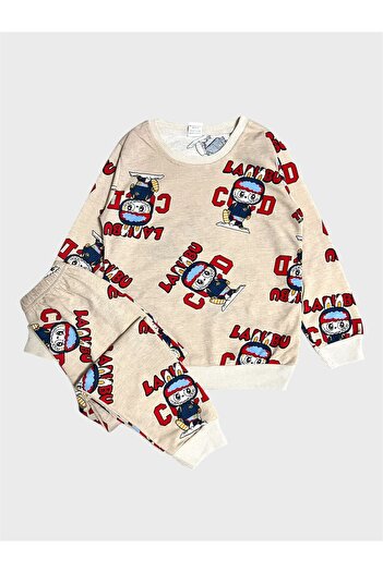 ALİŞ KİDS Boys' Cotton Beige Labubu Patterned Long Sleeve Seasonal Pajama Set