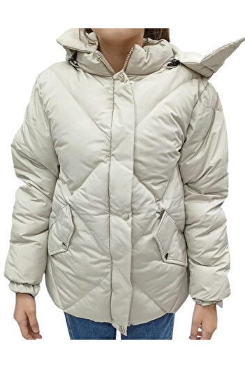 İrem Çocuk Giyim Girl's Quilted Model Coat with Plush Lining, Detachable Hood, Zipper and Snap Closure, Stone Color