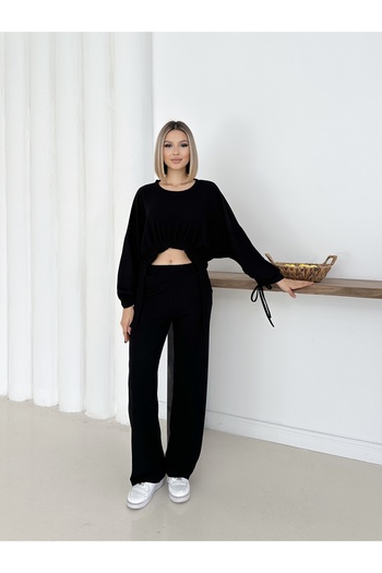 MODAMERSİ Women's Black Thessaloniki Fabric Bell-Bottomed Top and Bottom Set