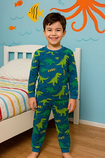 MİLAYS LİFE HOME COLLECTİON Boys' Dinosaur Printed 100% Cotton Colorful Pajama Set
