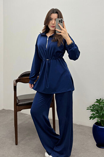 Bipantolon Women's Navy Blue Elastic Waist Zippered Sweat Suit