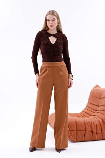 Pulli Collection Yüksek Bel Geniş Paça Süet Pantolon