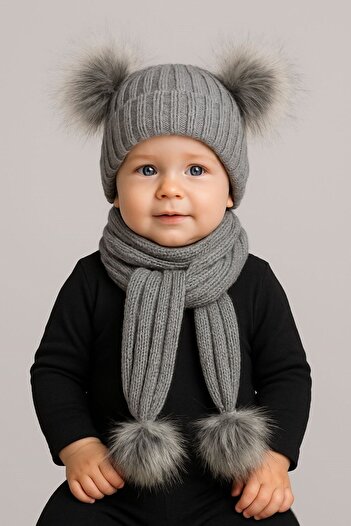UESKİDS SET DE TRICOTAJE CU POMPON GRI, Eșarfă, Beretă