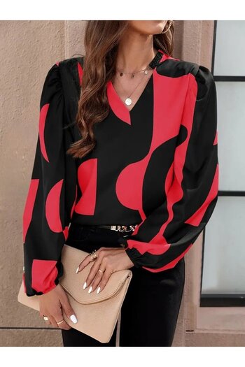 Viyamo New Season Women's Modal Blouse Patterned V-Neck Long Sleeve Relaxed Fit