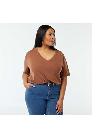 KIABI Basic plain V-neck T-shirt BROWN