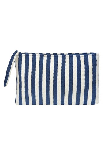 SHOPIENS Geantă cosmetică de vară Shopiens® cu dungi albastre bej, fermoar și mâner, 32 x 22 cm