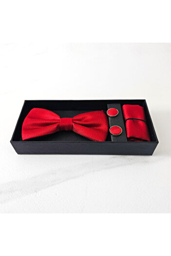 FashionForYou Gentleman 3-piece set, for men, bow tie, button and cloth handkerchief, Red