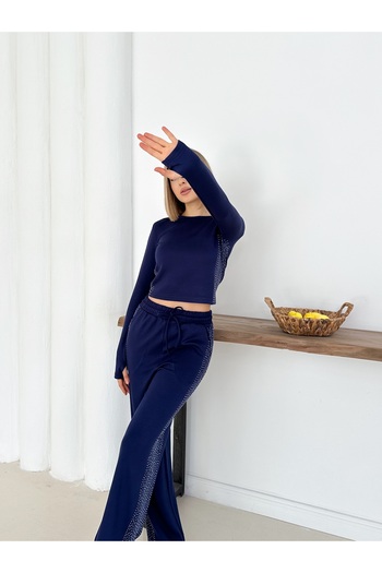 LE CARAMBOLE Women's Navy Blue Modal Top and Bottom Set with Finger Loop and Side Stone Detail