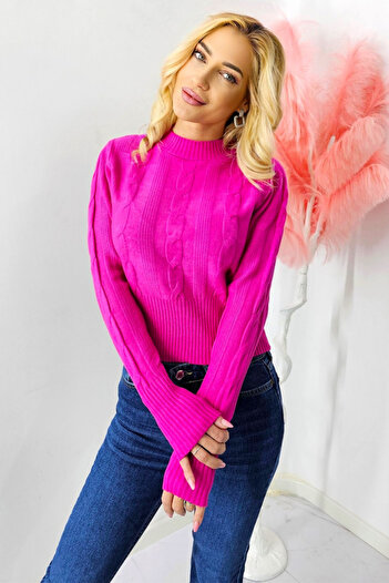 FashionForYou Cozy Ode short knitted sweater, with symmetrical pattern, Fuchsia, Size S/M