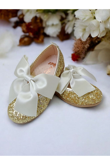 PATİK BEBE Girl's Gold Glitter Bowknot Orthopedic Stylish Ballet Flats