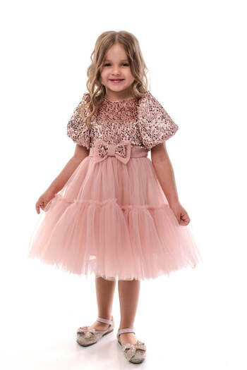 SOLLUXE BLYTHE-Special occasion dress made of velvet with sequins, fine tulle and decorative bows, pink, 140