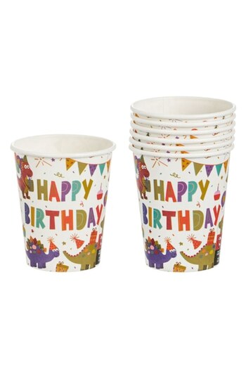 SHOPIENS Set 6 cardboard cups for child's birthday party Shopiens®, dinosaur print, 'Happy Birthday', 240 ml