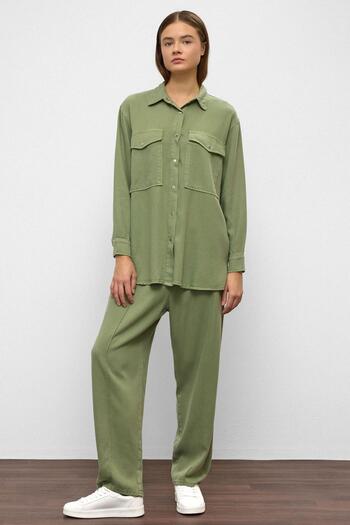 Olcay Snap Closure Casual Soft Denim Two-Piece Set Green 9378-Tk