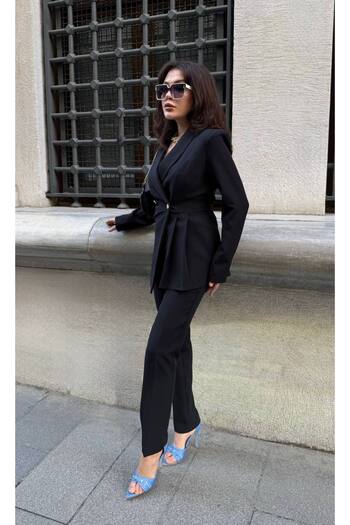 LOBOLIC Women's Pleated Detailed Blazer Jacket and Pants Set