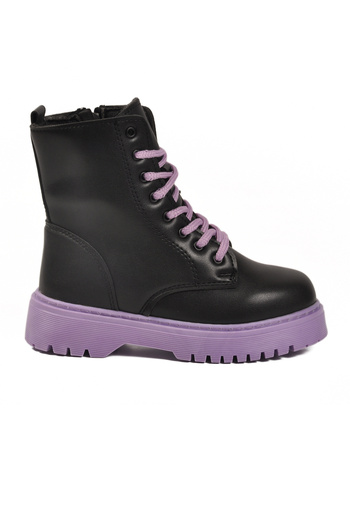 Aspor Black Purple Fleece Inside Lace up Zippered Girls' Boots