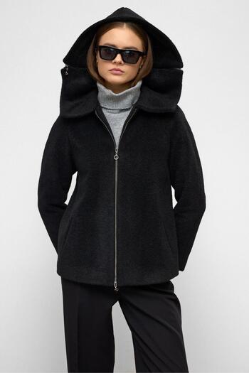 Olcay Removable Hood Zipper Detailed Oversize Coat Black 3128