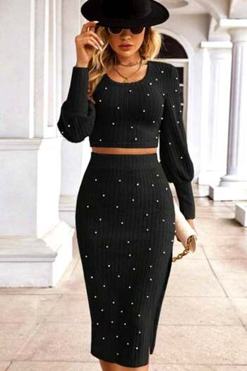 FashionForYou Marilene elegant set, crop blouse with wide cuffs, decorative pearls and skirt, Black, L
