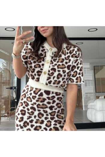 LOBOLIC Women's Leopard Print Knitwear Set - Buttoned Short Cardigan and Skirt