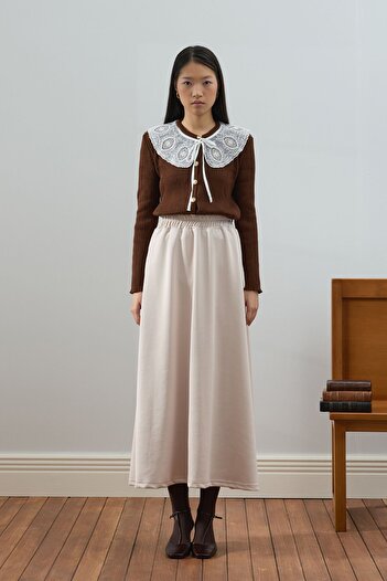 Ceylan Otantik Bitter Brown White Collar Knitwear Cardigan & Cream Scuba Skirt Set