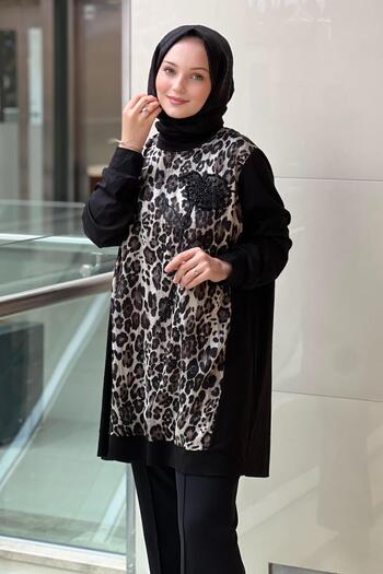 FUAT GÜRSEN Fuat Gürşen Leopard Patterned Tunic with Stone Rose Detail