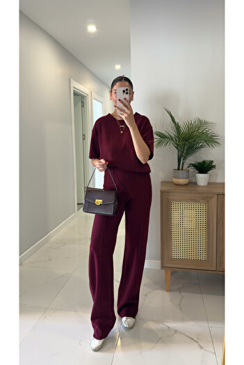 BİRCANÇİL Emma Burgundy Ribbed Basic Pants Set