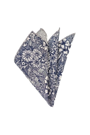 Exve Exclusive White Floral Patterned Cotton Print Pocket Accessory Collar Handkerchief on Navy Blue