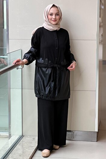 Ghisa Knitwear Leather Combination Belted Tunic Trousers Set