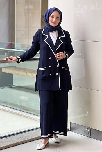 Ghisa Double-Breasted Collar Knitwear Blazer Trousers Set